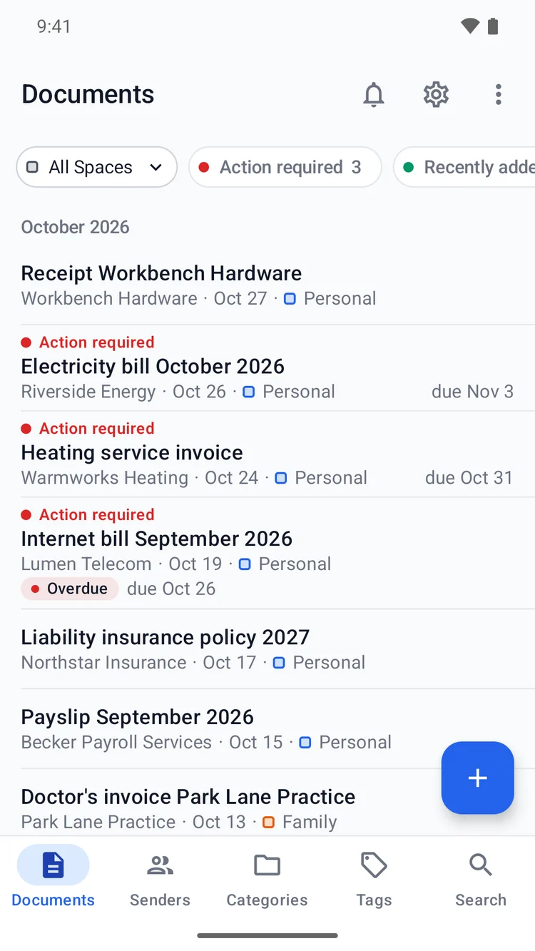 The document list of the Paperarchive app on Android