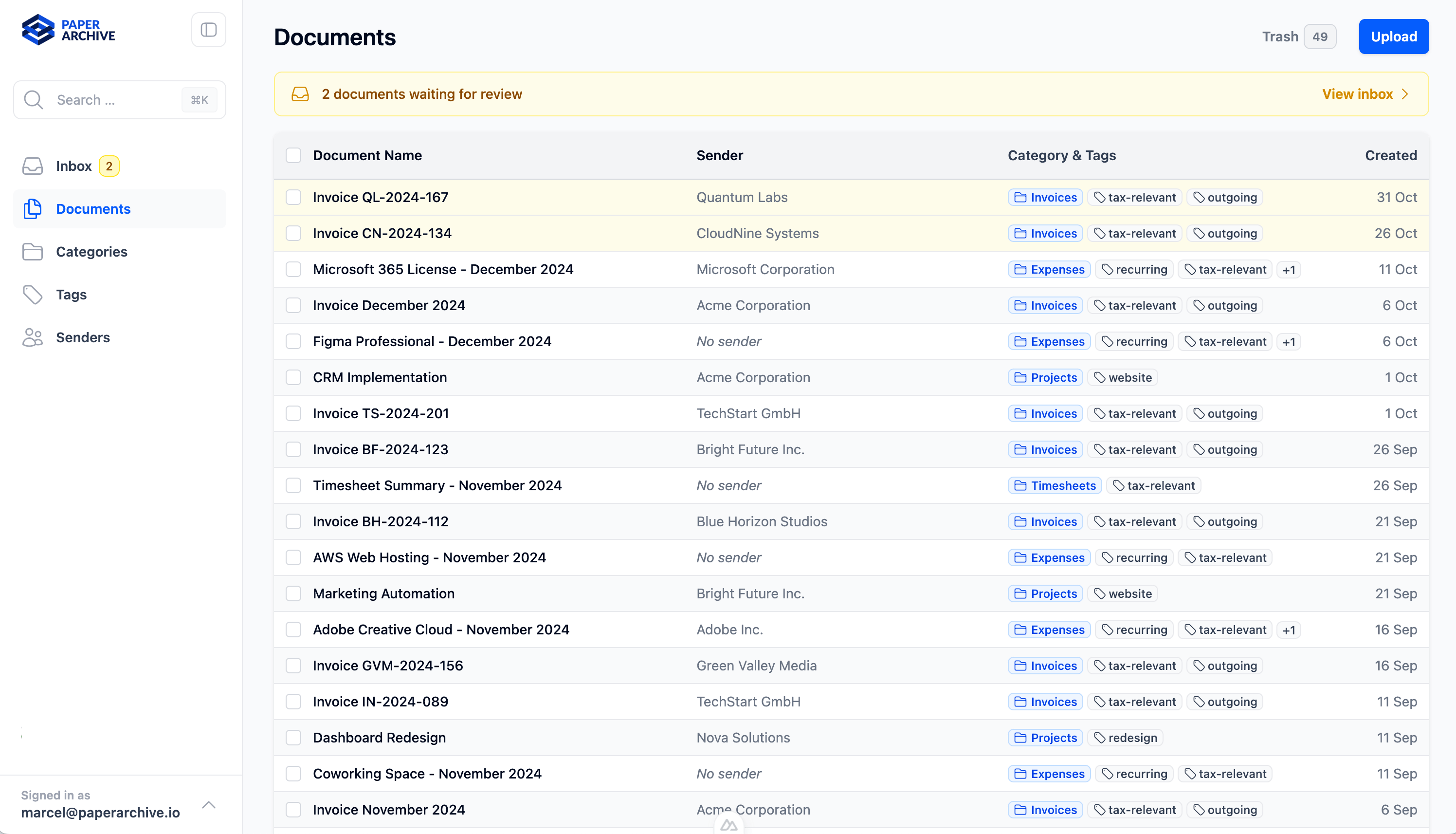 Paperarchive document list showing categories, tags, and senders